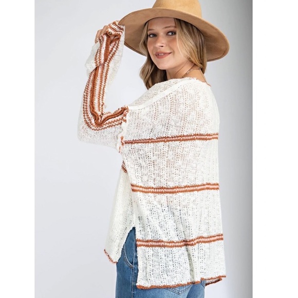 EASEL Burgundy Stripe Lightweight Knit Sweater with Flare Sleeves - Picture 3 of 8